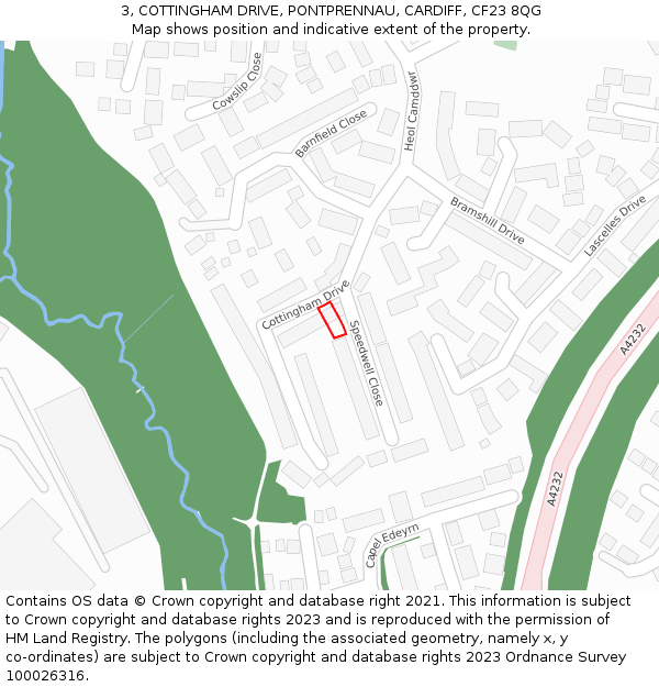 3, COTTINGHAM DRIVE, PONTPRENNAU, CARDIFF, CF23 8QG: Location map and indicative extent of plot