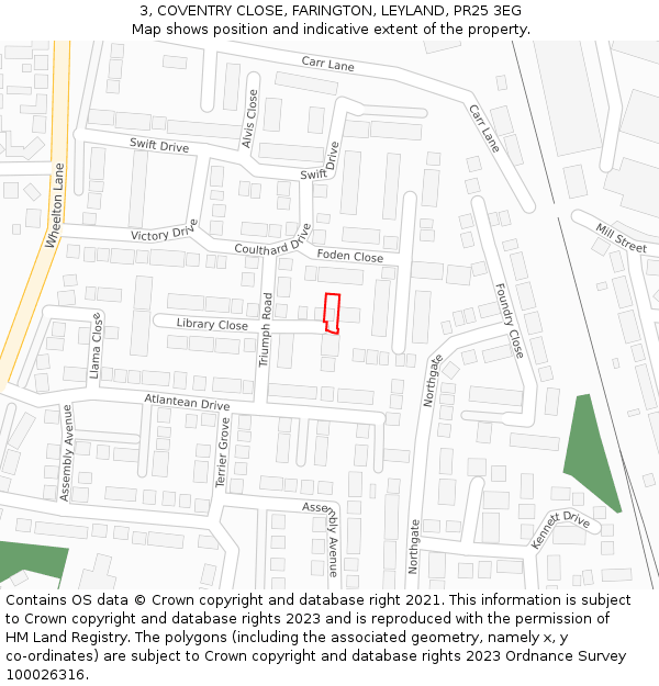 3, COVENTRY CLOSE, FARINGTON, LEYLAND, PR25 3EG: Location map and indicative extent of plot