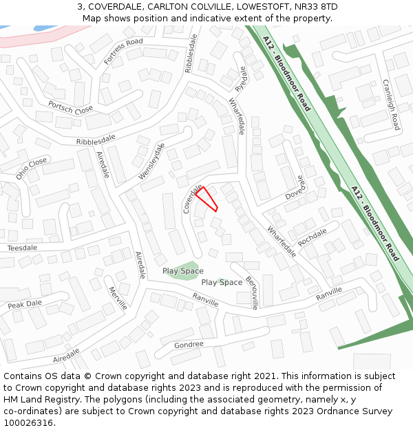 3, COVERDALE, CARLTON COLVILLE, LOWESTOFT, NR33 8TD: Location map and indicative extent of plot