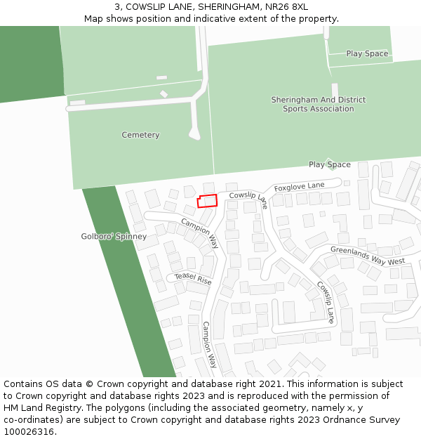 3, COWSLIP LANE, SHERINGHAM, NR26 8XL: Location map and indicative extent of plot