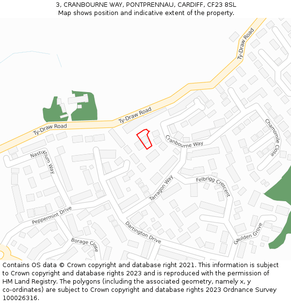 3, CRANBOURNE WAY, PONTPRENNAU, CARDIFF, CF23 8SL: Location map and indicative extent of plot
