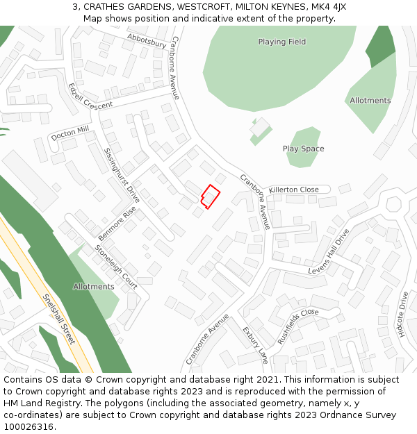 3, CRATHES GARDENS, WESTCROFT, MILTON KEYNES, MK4 4JX: Location map and indicative extent of plot
