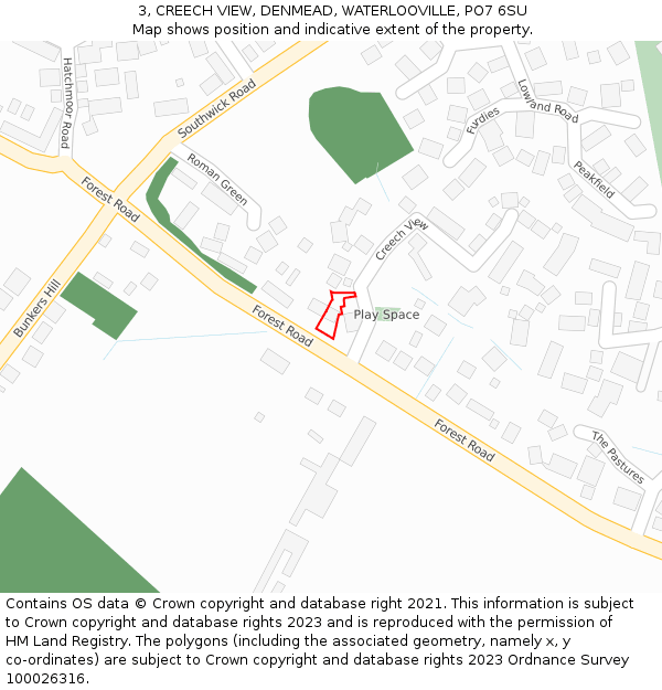 3, CREECH VIEW, DENMEAD, WATERLOOVILLE, PO7 6SU: Location map and indicative extent of plot