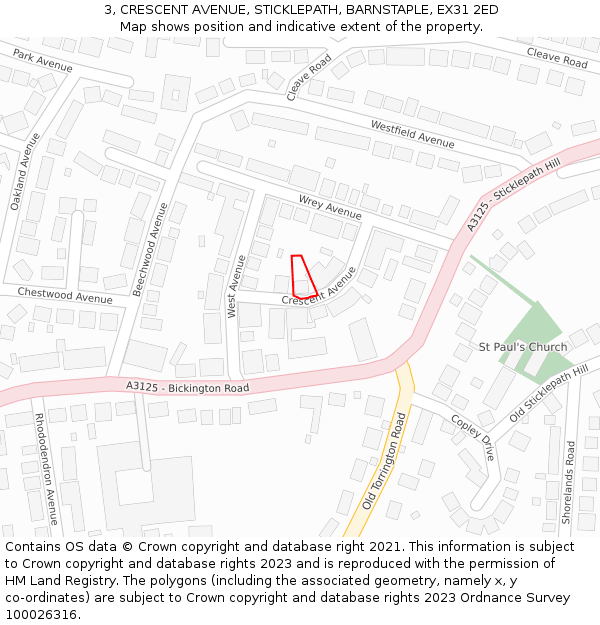 3, CRESCENT AVENUE, STICKLEPATH, BARNSTAPLE, EX31 2ED: Location map and indicative extent of plot