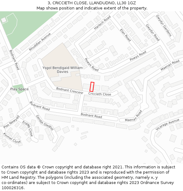 3, CRICCIETH CLOSE, LLANDUDNO, LL30 1GZ: Location map and indicative extent of plot