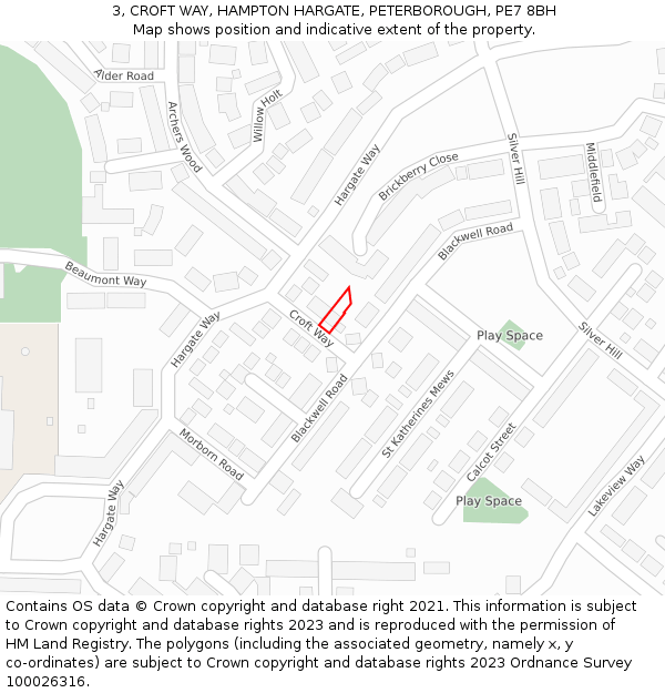 3, CROFT WAY, HAMPTON HARGATE, PETERBOROUGH, PE7 8BH: Location map and indicative extent of plot