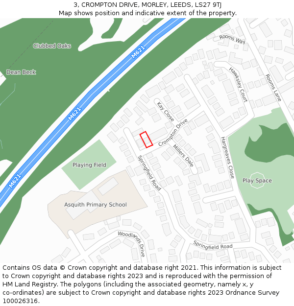 3, CROMPTON DRIVE, MORLEY, LEEDS, LS27 9TJ: Location map and indicative extent of plot