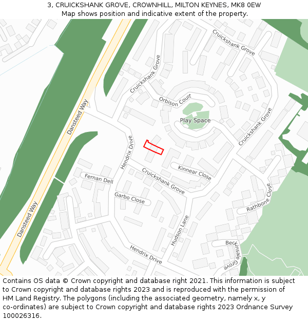 3, CRUICKSHANK GROVE, CROWNHILL, MILTON KEYNES, MK8 0EW: Location map and indicative extent of plot