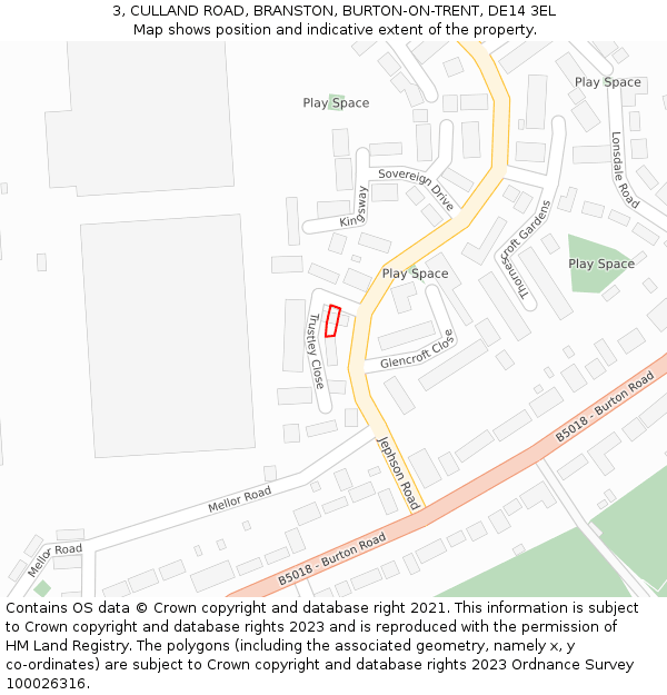 3, CULLAND ROAD, BRANSTON, BURTON-ON-TRENT, DE14 3EL: Location map and indicative extent of plot