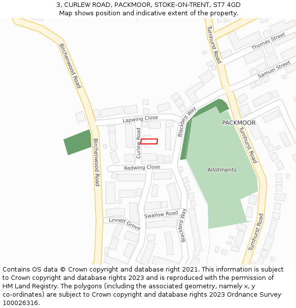 3, CURLEW ROAD, PACKMOOR, STOKE-ON-TRENT, ST7 4GD: Location map and indicative extent of plot