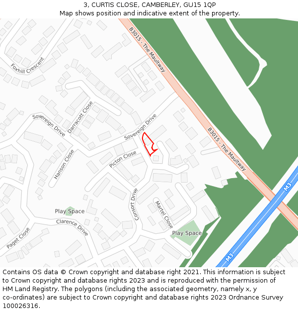 3, CURTIS CLOSE, CAMBERLEY, GU15 1QP: Location map and indicative extent of plot