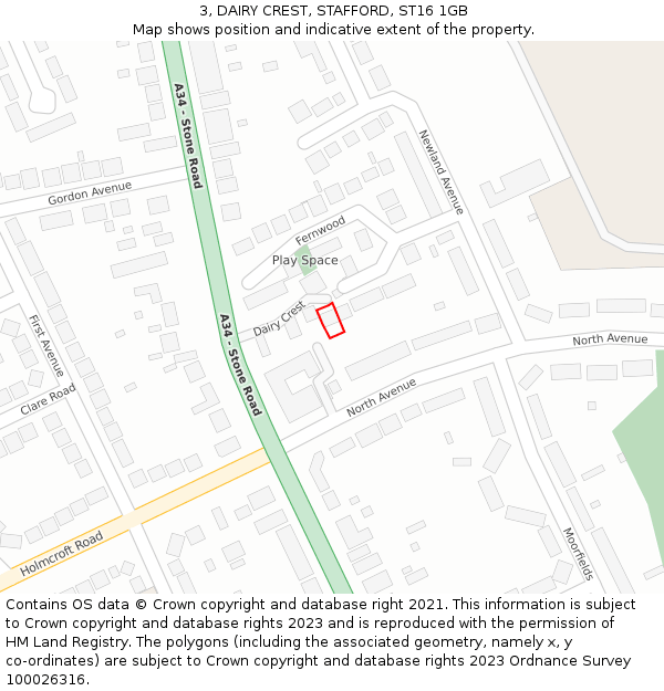 3, DAIRY CREST, STAFFORD, ST16 1GB: Location map and indicative extent of plot