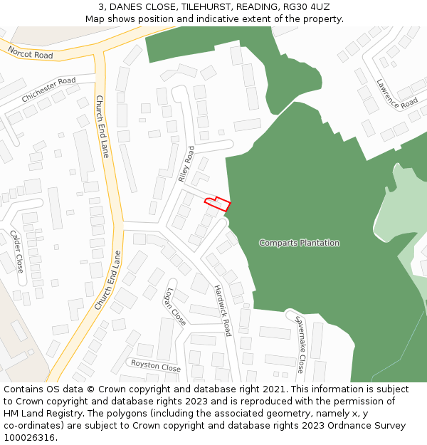 3, DANES CLOSE, TILEHURST, READING, RG30 4UZ: Location map and indicative extent of plot