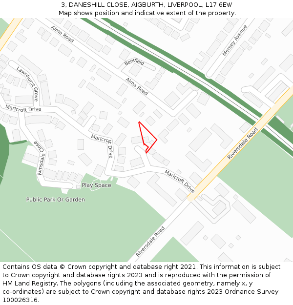 3, DANESHILL CLOSE, AIGBURTH, LIVERPOOL, L17 6EW: Location map and indicative extent of plot