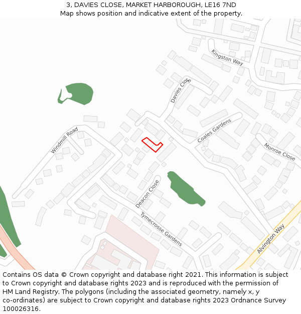 3, DAVIES CLOSE, MARKET HARBOROUGH, LE16 7ND: Location map and indicative extent of plot