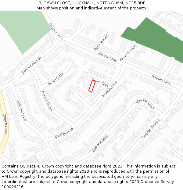 3, DAWN CLOSE, HUCKNALL, NOTTINGHAM, NG15 8DF: Location map and indicative extent of plot