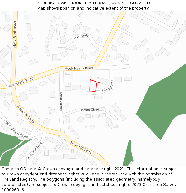 3, DERRYDOWN, HOOK HEATH ROAD, WOKING, GU22 0LD: Location map and indicative extent of plot