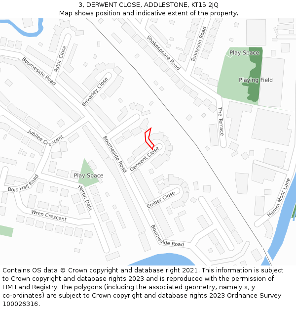 3, DERWENT CLOSE, ADDLESTONE, KT15 2JQ: Location map and indicative extent of plot