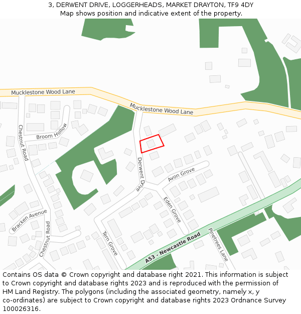3, DERWENT DRIVE, LOGGERHEADS, MARKET DRAYTON, TF9 4DY: Location map and indicative extent of plot
