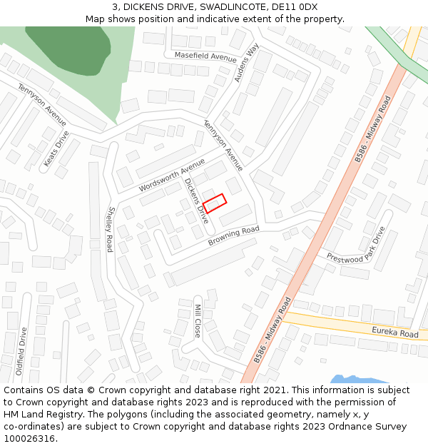 3, DICKENS DRIVE, SWADLINCOTE, DE11 0DX: Location map and indicative extent of plot