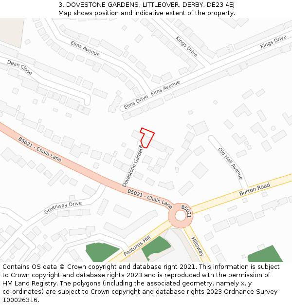 3, DOVESTONE GARDENS, LITTLEOVER, DERBY, DE23 4EJ: Location map and indicative extent of plot