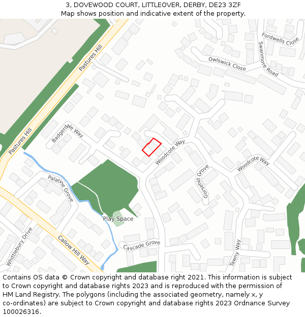3, DOVEWOOD COURT, LITTLEOVER, DERBY, DE23 3ZF: Location map and indicative extent of plot