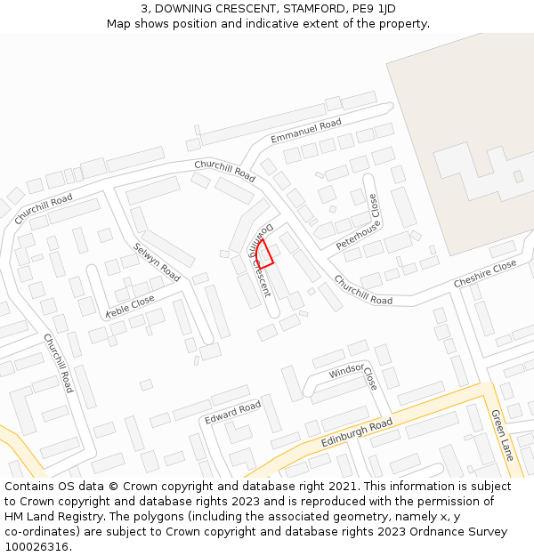 3, DOWNING CRESCENT, STAMFORD, PE9 1JD: Location map and indicative extent of plot