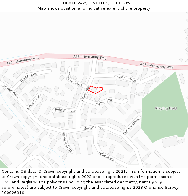 3, DRAKE WAY, HINCKLEY, LE10 1UW: Location map and indicative extent of plot