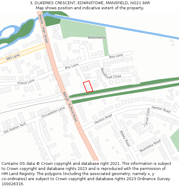 3, DUKERIES CRESCENT, EDWINSTOWE, MANSFIELD, NG21 9AR: Location map and indicative extent of plot