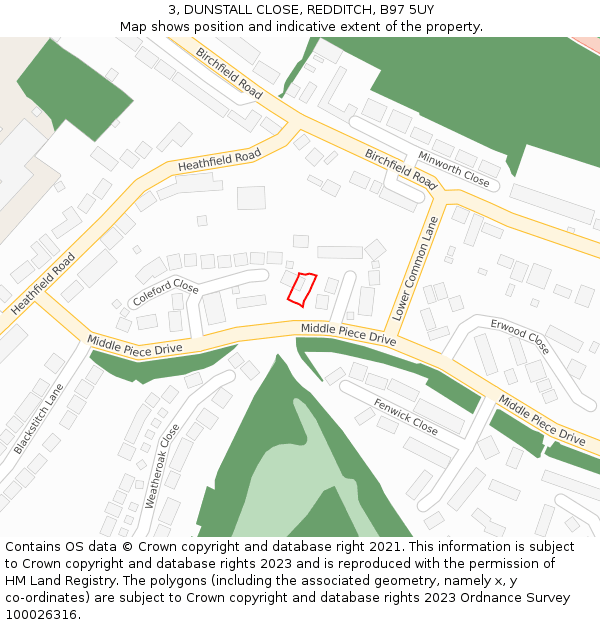 3, DUNSTALL CLOSE, REDDITCH, B97 5UY: Location map and indicative extent of plot