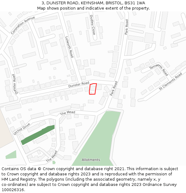 3, DUNSTER ROAD, KEYNSHAM, BRISTOL, BS31 1WA: Location map and indicative extent of plot