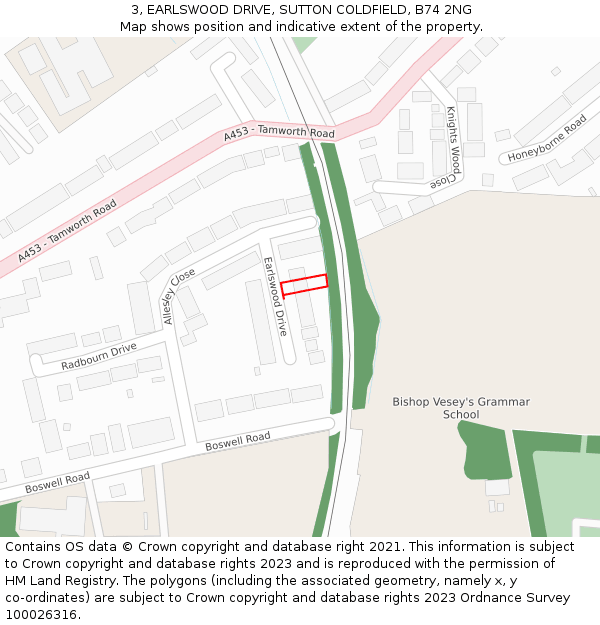 3, EARLSWOOD DRIVE, SUTTON COLDFIELD, B74 2NG: Location map and indicative extent of plot