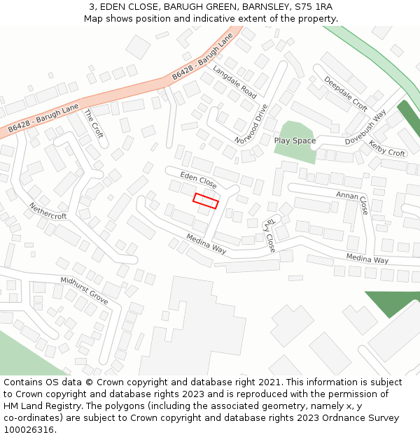 3, EDEN CLOSE, BARUGH GREEN, BARNSLEY, S75 1RA: Location map and indicative extent of plot