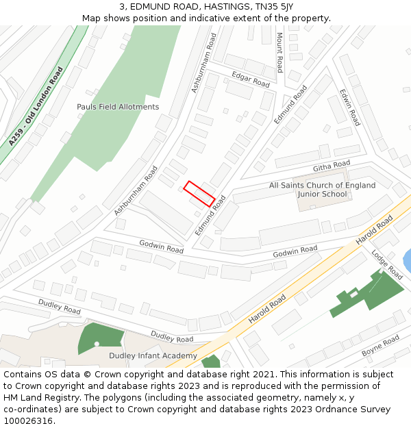 3, EDMUND ROAD, HASTINGS, TN35 5JY: Location map and indicative extent of plot