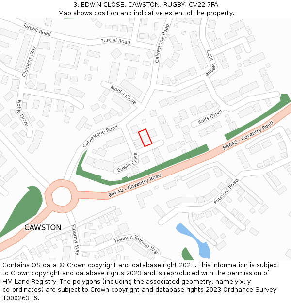 3, EDWIN CLOSE, CAWSTON, RUGBY, CV22 7FA: Location map and indicative extent of plot
