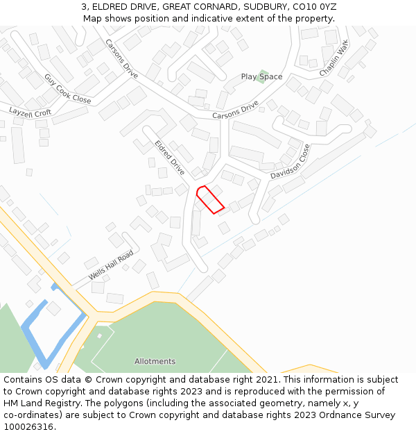 3, ELDRED DRIVE, GREAT CORNARD, SUDBURY, CO10 0YZ: Location map and indicative extent of plot