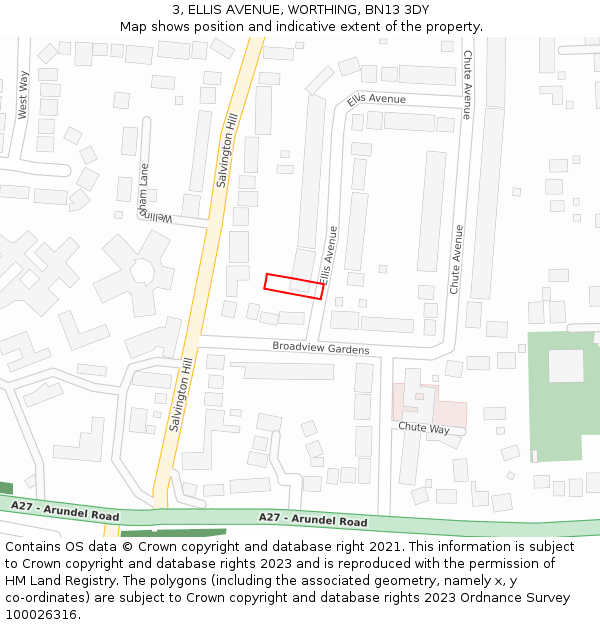 3, ELLIS AVENUE, WORTHING, BN13 3DY: Location map and indicative extent of plot