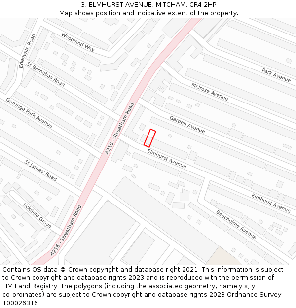 3, ELMHURST AVENUE, MITCHAM, CR4 2HP: Location map and indicative extent of plot