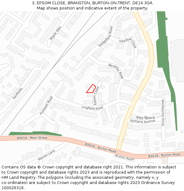 3, EPSOM CLOSE, BRANSTON, BURTON-ON-TRENT, DE14 3GA: Location map and indicative extent of plot