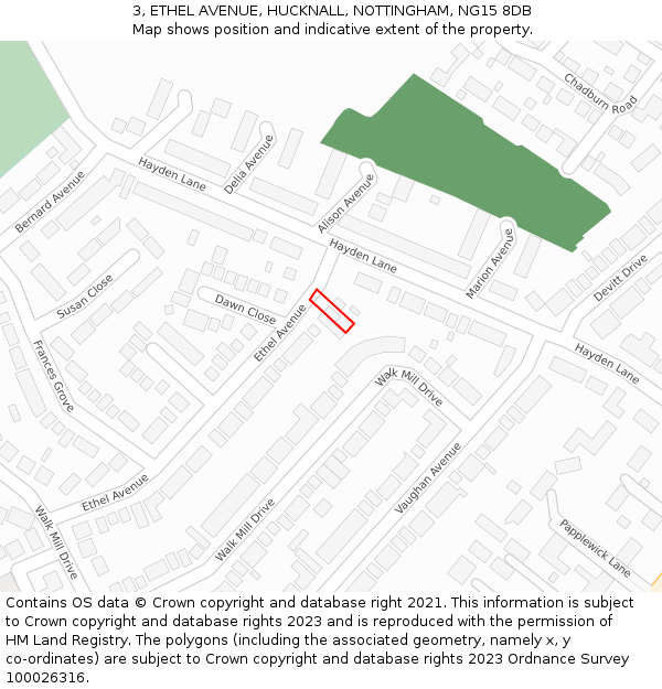 3, ETHEL AVENUE, HUCKNALL, NOTTINGHAM, NG15 8DB: Location map and indicative extent of plot