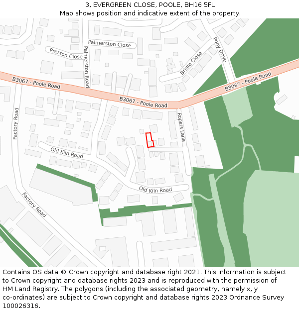 3, EVERGREEN CLOSE, POOLE, BH16 5FL: Location map and indicative extent of plot