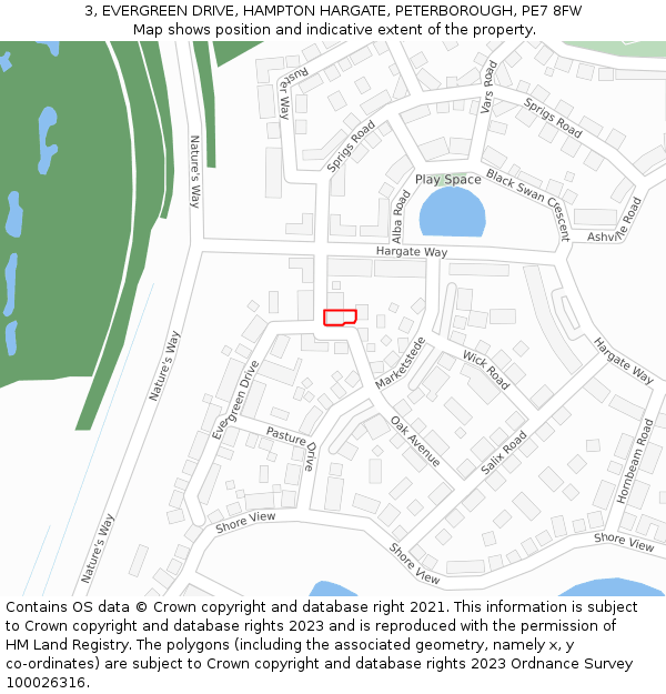 3, EVERGREEN DRIVE, HAMPTON HARGATE, PETERBOROUGH, PE7 8FW: Location map and indicative extent of plot