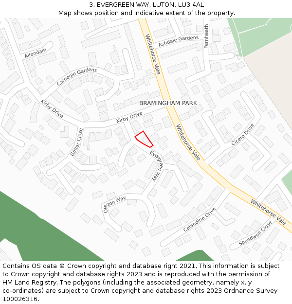 3, EVERGREEN WAY, LUTON, LU3 4AL: Location map and indicative extent of plot