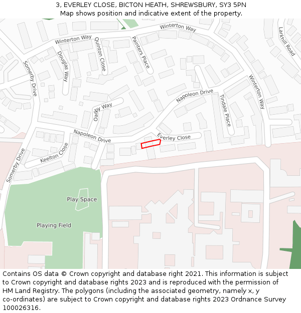 3, EVERLEY CLOSE, BICTON HEATH, SHREWSBURY, SY3 5PN: Location map and indicative extent of plot