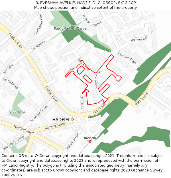 3, EVESHAM AVENUE, HADFIELD, GLOSSOP, SK13 1QP: Location map and indicative extent of plot