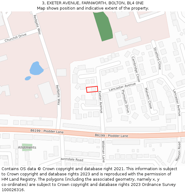 3, EXETER AVENUE, FARNWORTH, BOLTON, BL4 0NE: Location map and indicative extent of plot