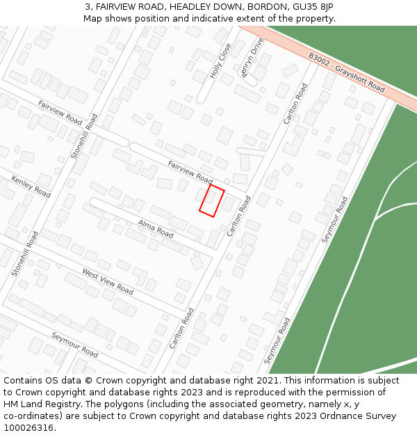 3, FAIRVIEW ROAD, HEADLEY DOWN, BORDON, GU35 8JP: Location map and indicative extent of plot