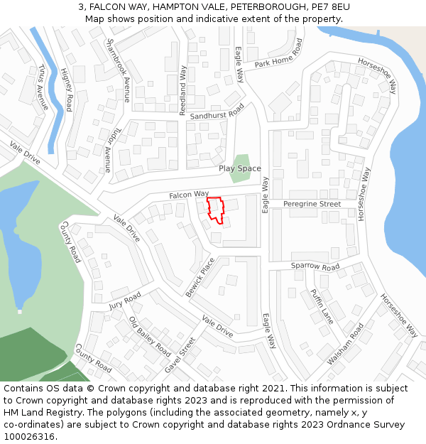 3, FALCON WAY, HAMPTON VALE, PETERBOROUGH, PE7 8EU: Location map and indicative extent of plot