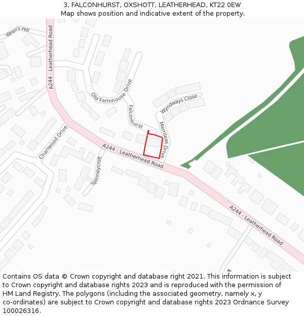 3, FALCONHURST, OXSHOTT, LEATHERHEAD, KT22 0EW: Location map and indicative extent of plot