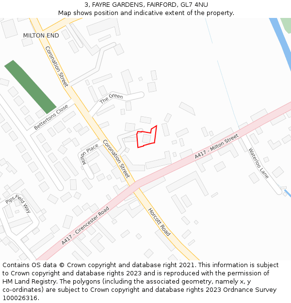 3, FAYRE GARDENS, FAIRFORD, GL7 4NU: Location map and indicative extent of plot